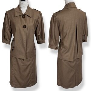 Vintage Harve Benard Skirt Suit Set Size 12 Brown Safari Epaulettes Pleated 2 PC